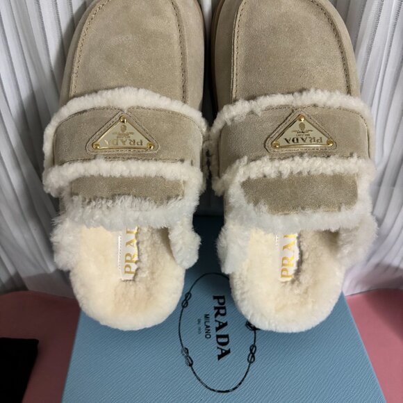 Prada Beige Suede Shearling Mules Size 39 - Picture 5 of 7